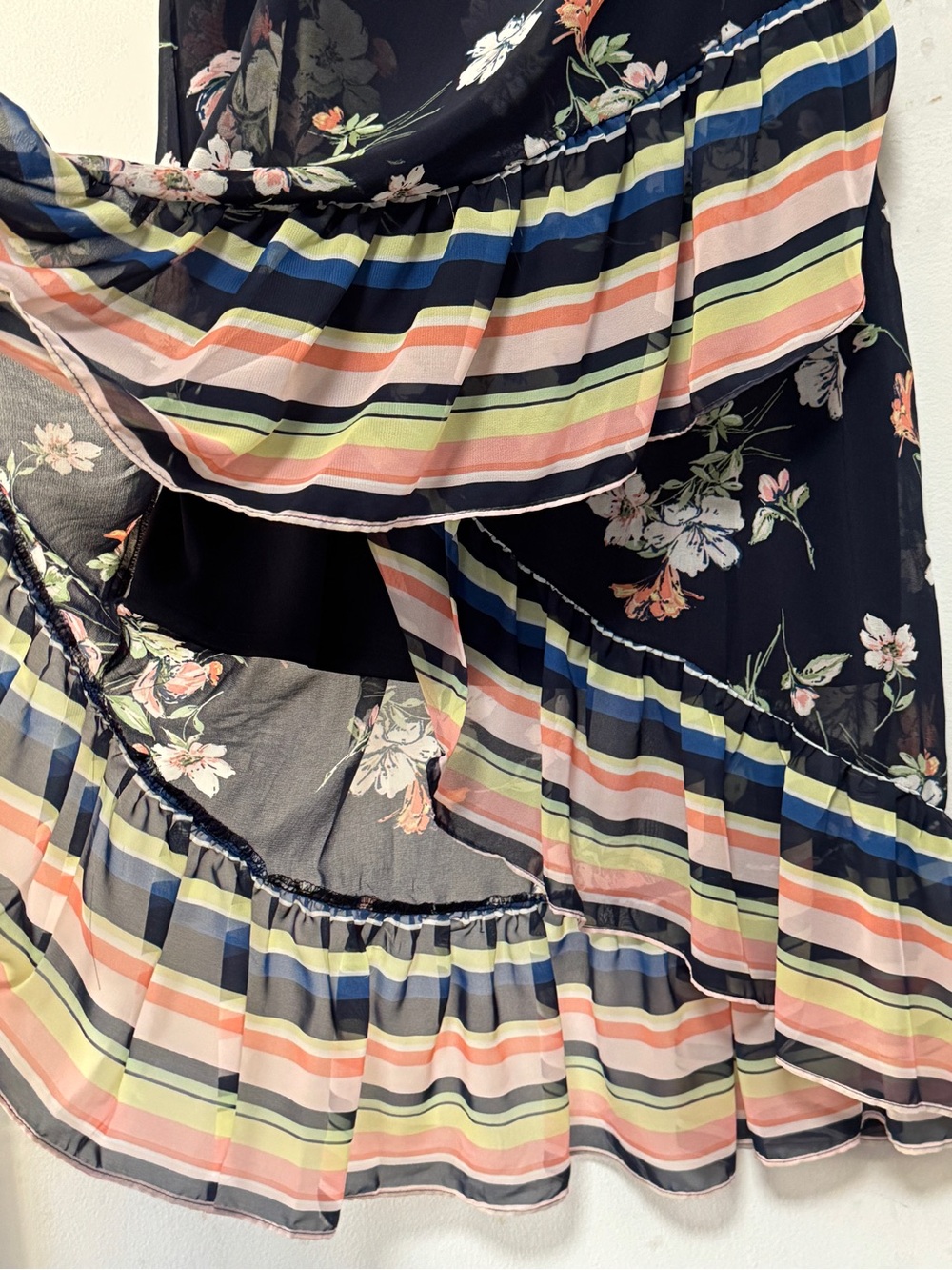Sandra Darren Floral & Stripe Ruffle Maxi Dress - Navy with Pastel Accents 10P - Picture 8 of 10